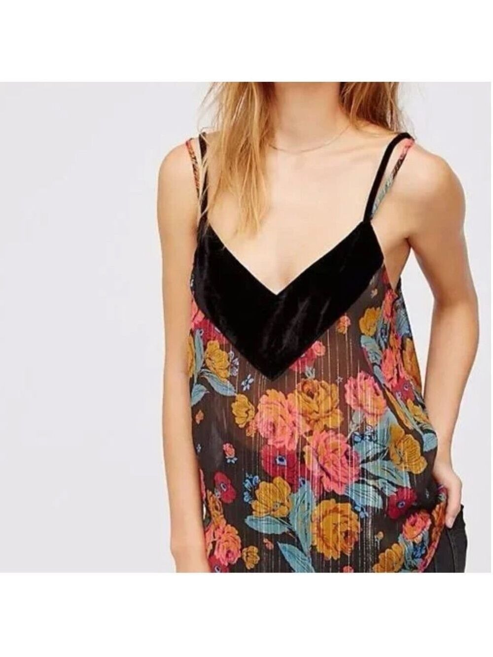 FREE PEOPLE Over It All Cami Velvet Sheer Floral Tank Top Camisole Size Small